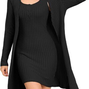 Women’s Ribbed Knit Two Piece Dress Set Mini Long Sleeve Cardigan Outfit
